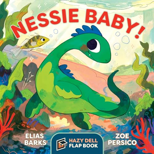 Green baby Loch Ness Monster swims amongst seaweed and coral.