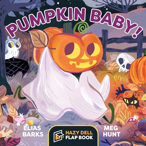 Pumpkin dressed as a ghost with other Halloween creatures and pumpkins.