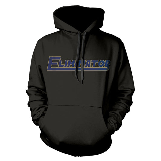 Black hooded sweatshirt with large blue and yellow "ELIMINATOR" text.