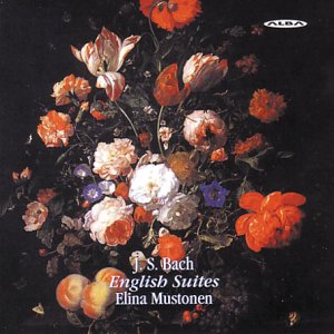 "CD cover with floral painting and text 'J.S. Bach English Suites Elina Mustonen' on black background."