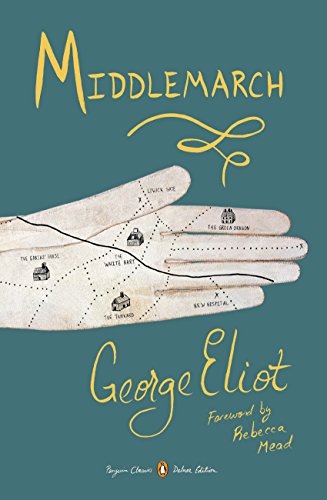 Book cover for "Middlemarch" by George Eliot, featuring a hand and map.
