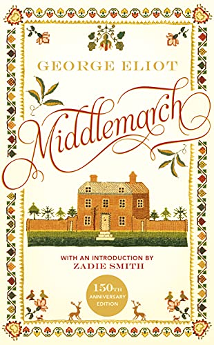 Book cover for Middlemarch by George Eliot with embroidered house illustration and decorative border.