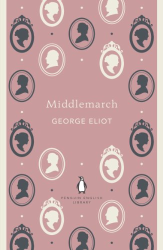 Book cover for Middlemarch by George Eliot featuring a pink background with cameo silhouettes.