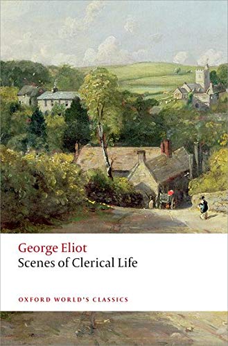 Book cover: painting of a rural village with text “Scenes of Clerical Life”.