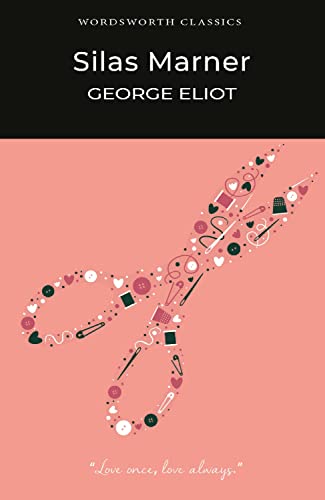 Book cover for Silas Marner by George Eliot featuring scissors made of sewing notions.