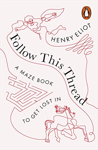 Red line-art book cover with figures and text forming a maze.