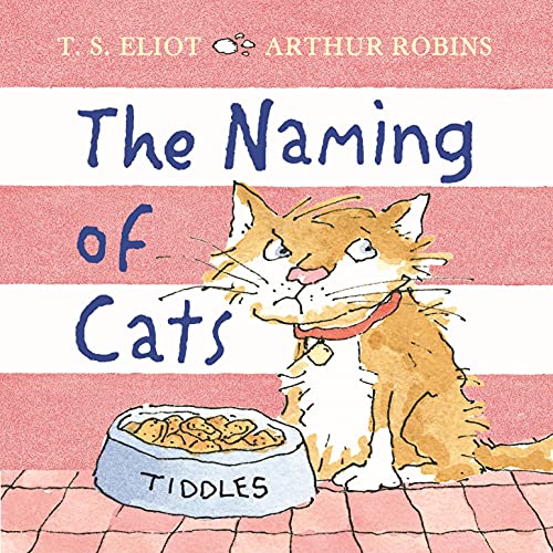 Book cover: "The Naming of Cats" with an orange tabby cat and food bowl.