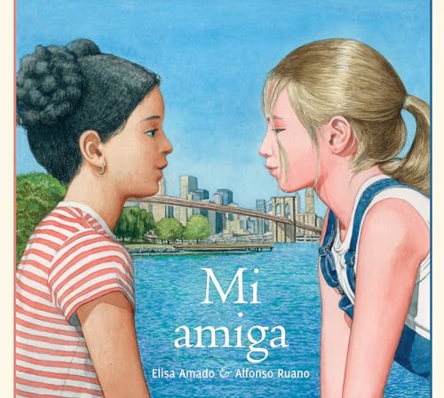 Two young girls face each other with the Brooklyn Bridge in the background.