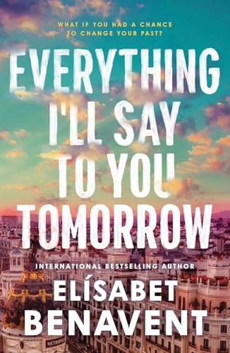 Book cover with large white text over a colorful city and sky background.
