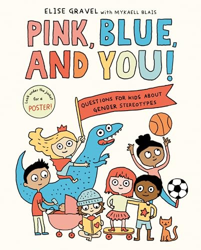 Book cover with diverse children, a dinosaur, and sports equipment.