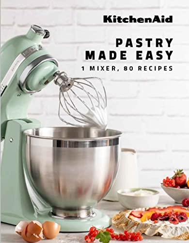 Mint KitchenAid mixer with whisk attachment, pastry, fruit, and eggs nearby.