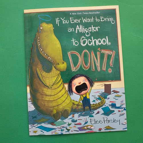 Book cover: alligator and surprised child in a messy classroom.