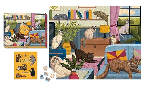Completed 500-piece puzzle depicting many cats in a cozy, decorated room.