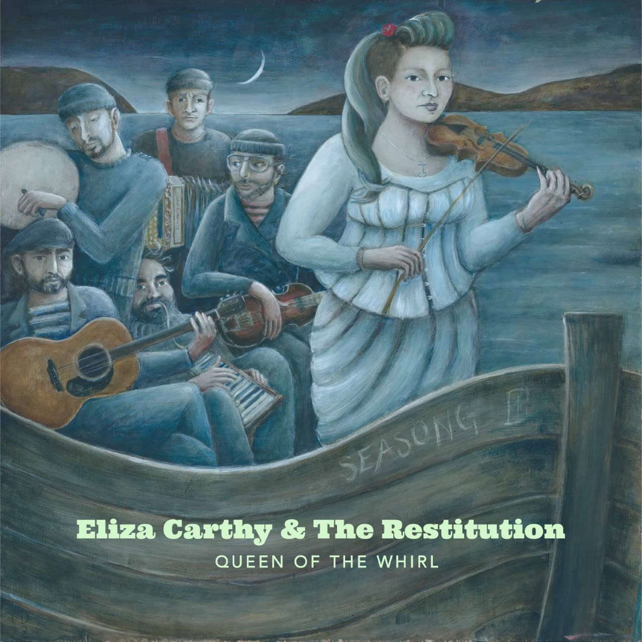 "CD cover art: woman in white dress plays violin in a boat with musicians."