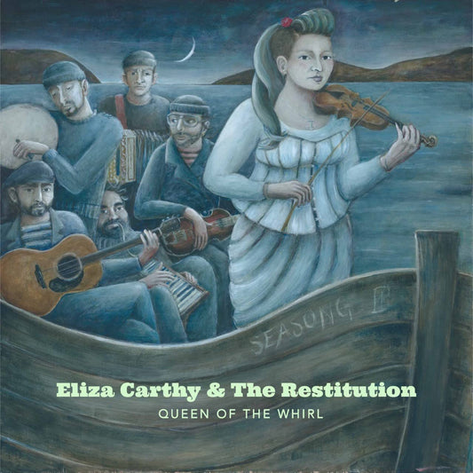 "CD cover art: woman in white dress plays violin in a boat with musicians."