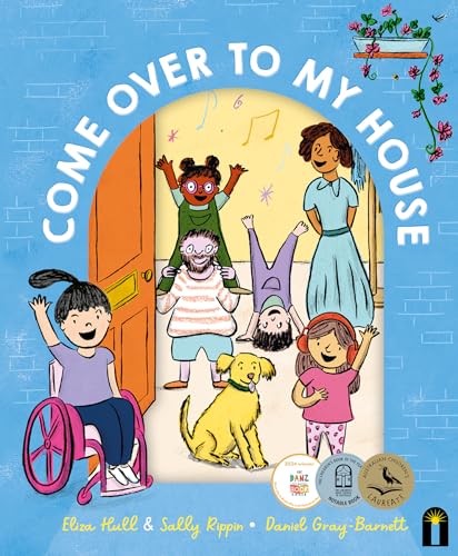 Children playing with a dog near an open doorway, illustrated book cover.