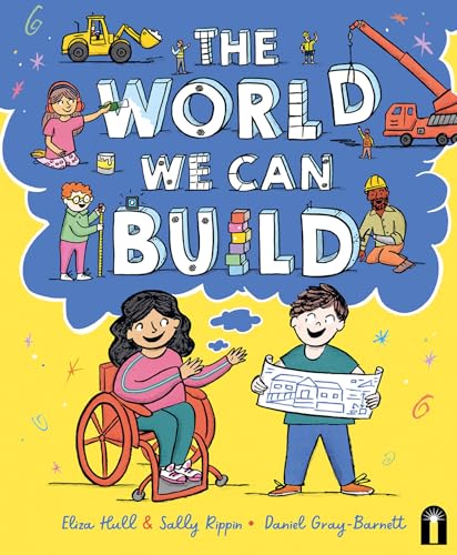 Book cover with children, construction vehicles, and building blocks illustrated.