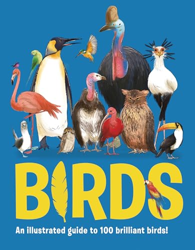 Colorful illustrated collection of diverse bird species, book cover titled "Birds".