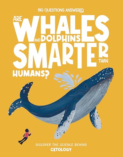 Book cover with a blue whale illustration and diver, titled "Are Whales and Dolphins Smarter?".