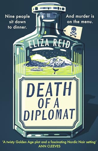 Book cover: bottle shape with island scene and title “Death of a Diplomat”.