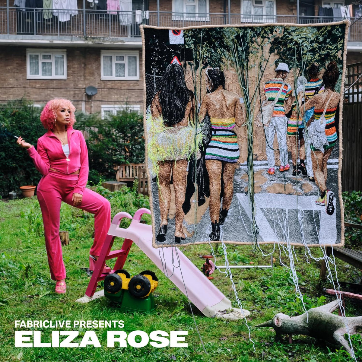 CD cover featuring Eliza Rose in pink, with textured figures and a playground.