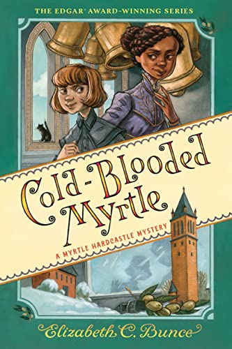 Book cover: two young girls, a gothic building, and snowy landscape.