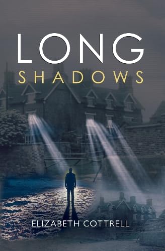 Book cover: dark mansion, lone figure, beams of light, title "Long Shadows".