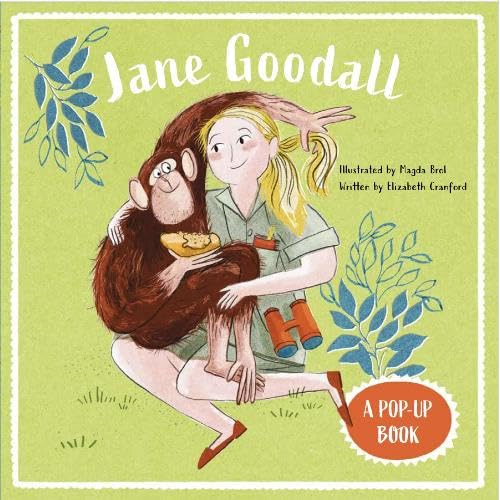 Illustration of Jane Goodall embracing a chimpanzee, with binoculars and foliage.