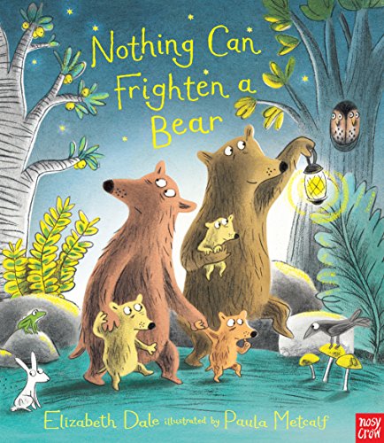 Illustration of a bear and three cubs in a forest at night.