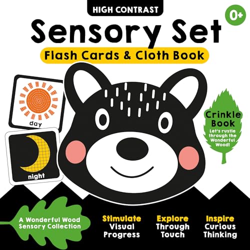 Black and white sensory set with sun, moon, and animal illustrations.