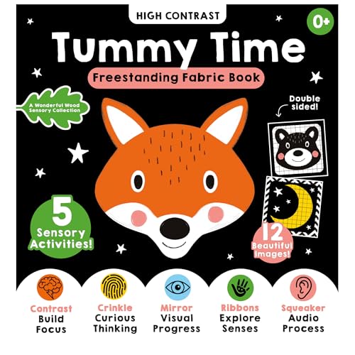 Black and white fabric book with a fox face and sensory features.