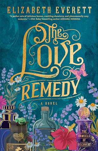 Book cover: “The Love Remedy” with floral design and potion bottles.