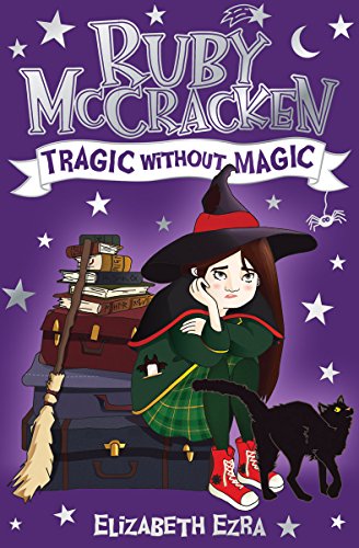 A sad young witch in a hat sits by stacked suitcases and a black cat.