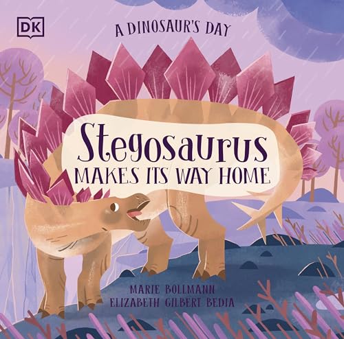 Illustration of a tan Stegosaurus with pink plates walking through a landscape.