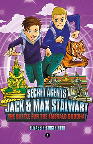Book cover featuring two boys running from a tiger, with a Buddha statue.
