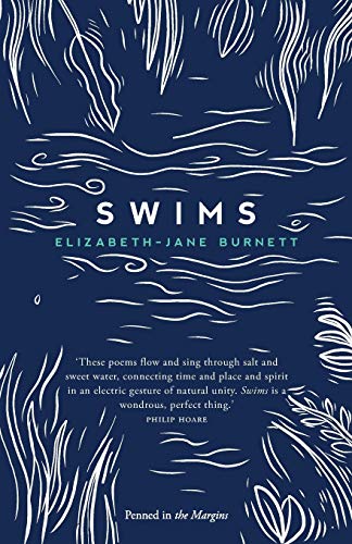 Book cover for Swims by Elizabeth-Jane Burnett featuring white line drawings of water plants.