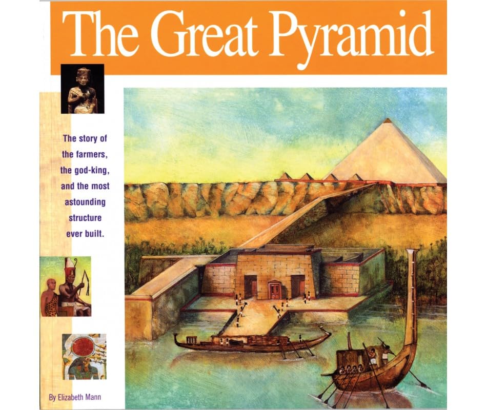 Illustration of the Great Pyramid with surrounding landscape and boats.