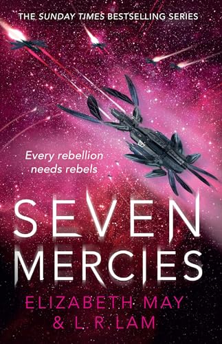 Book cover: "Seven Mercies" with spaceships against a starry, pink nebula.