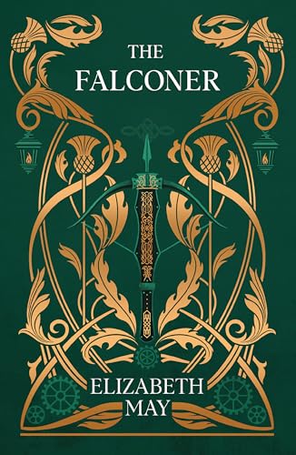 Book cover: ornate gold design framing a crossbow and title “The Falconer”.