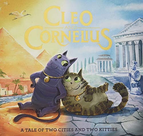 Two cats, one purple and one striped, with pyramids and Roman architecture.
