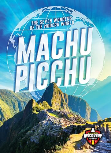 Machu Picchu book cover with mountain landscape and world globe.