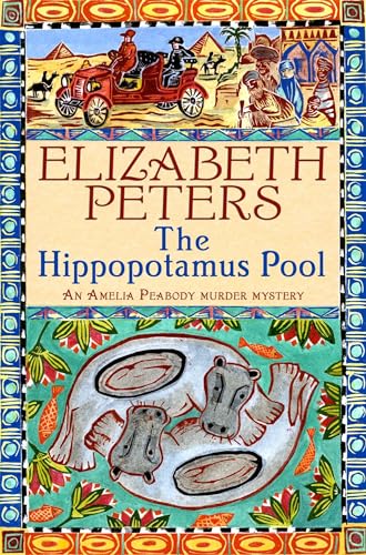 Book cover for “The Hippopotamus Pool” with hippos, car, and pyramids.