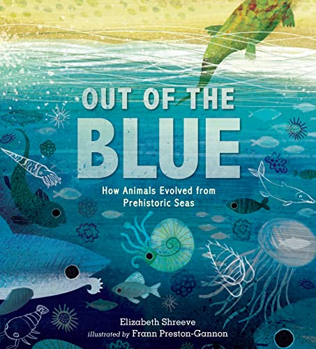 Book cover, "OUT OF THE BLUE", illustrating prehistoric sea creatures.
