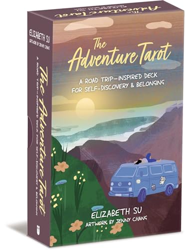Tarot deck box with a blue van driving toward mountains and clouds.