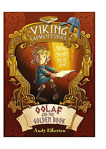 Book cover: boy with golden book, Viking helmet, ornate frame.