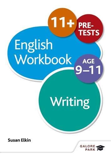 Colorful workbook cover for English writing practice, ages 9-11.