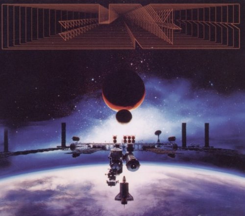 Sci-fi album cover with planets, a cityscape, and space travel imagery.