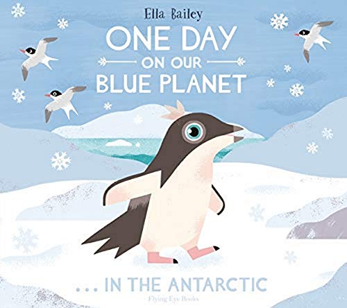 Illustrated book cover featuring a cartoon penguin in a snowy Antarctic landscape with birds.