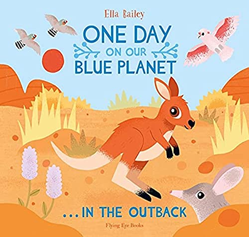 Kangaroo and birds in a colorful, illustrated Australian Outback landscape.
