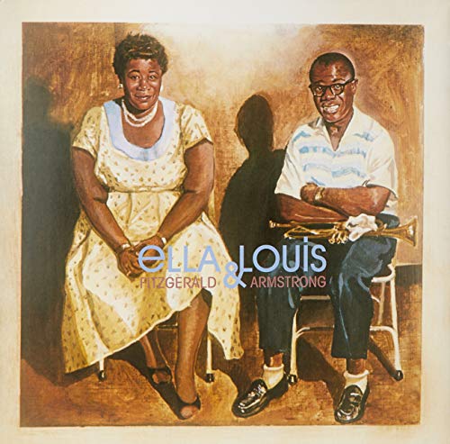 Painting of Ella Fitzgerald and Louis Armstrong seated, with trumpet.